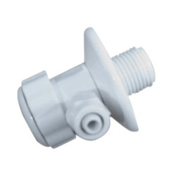 Conexão Tê em ABS branco, roscas 1/2", saída para mangueira 3/8" Conexão Tê em ABS branco, roscas 1/2", saída para mangueira 3/8"