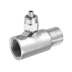 Bucha T de metal cromada, roscas de 1/2”, saída para mangueira de 1/4" Bucha T de metal cromada, roscas de 1/2”, saída para mangueira de 1/4"