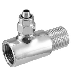 Bucha Te de metal cromada, roscas de 1/2”, saída para mangueira de 3/8" Bucha Te de metal cromada, roscas de 1/2”, saída para mangueira de 3/8"