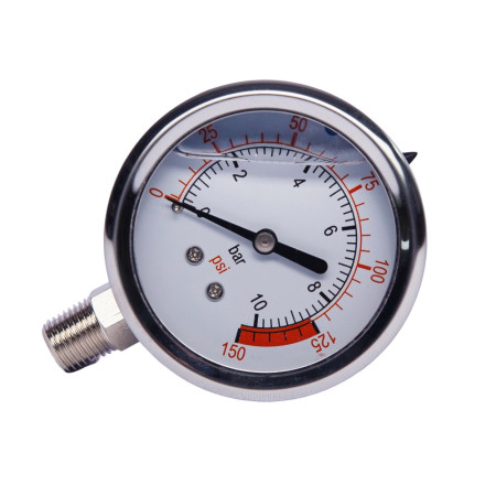 Manômetro reto c/ glicerina 150 PSI, rosca M. 1/4", 2,5" diâm. Manômetro reto c/ glicerina 150 PSI, rosca M. 1/4", 2,5" diâm.