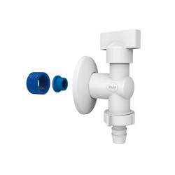 Torneira plástica 90°, branca, ¼ de volta, roscas macho 1/2” x 3/4”, Blukit Torneira plástica 90°, branca, ¼ de volta, roscas macho 1/2” x 3/4”, Blukit