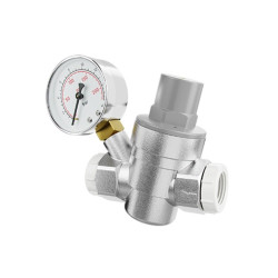 Válvula reguladora de pressão, 3/4" e 1/2", com manômetro, Blukit Válvula reguladora de pressão, 3/4" e 1/2", com manômetro, Blukit