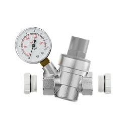 Válvula reguladora de pressão, 3/4" e 1/2", com manômetro, Blukit Válvula reguladora de pressão, 3/4" e 1/2", com manômetro, Blukit