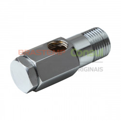 Conexão metálica de parede roscas de 1/2" c/ tampão e saída lateral rosca fêmea de 1/4" Conexão metálica de parede roscas de 1/2" c/ tampão e saída lateral rosca fêmea de 1/4"