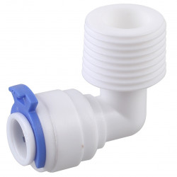 Cotovelo plástico branco rosca macho 1/2" x engate rápido para mangueiras de 3/8" (9,52 mm) Cotovelo plástico branco rosca macho 1/2" x engate rápido para mangueiras de 3/8" (9,52 mm)